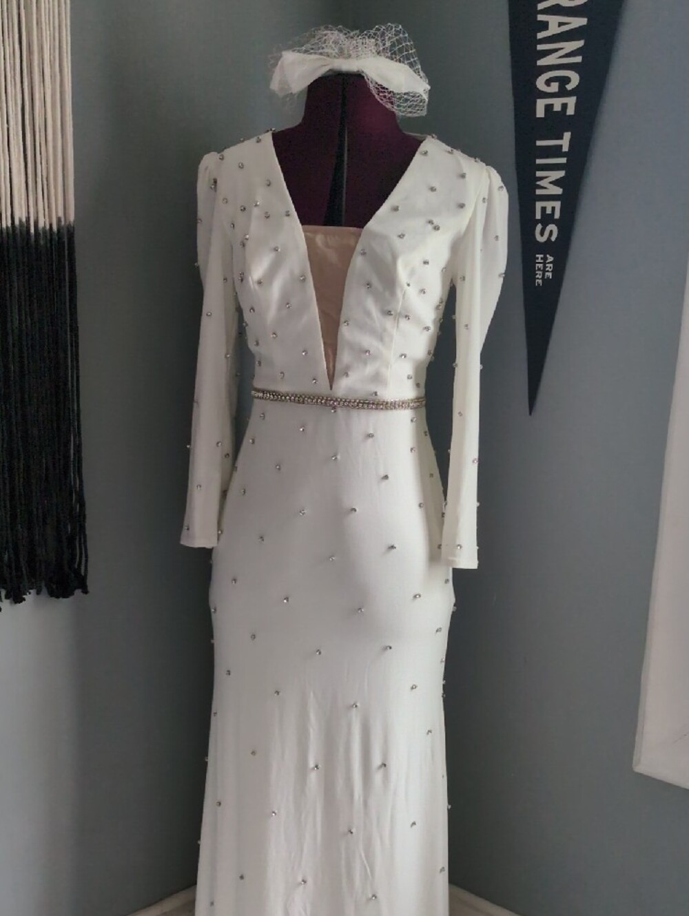 Mac Duggal Ivory Long Sleeve Rhinestone-Trim Gown